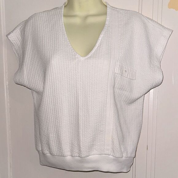 Vintage 70s/80s Catalina White Textured Cap Sleeve V Neck Top with Ribbed Hem - Picture 1 of 8